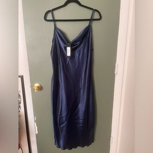 SATIN COWL NECK SLIP MIDI DRESS navy blue size XL